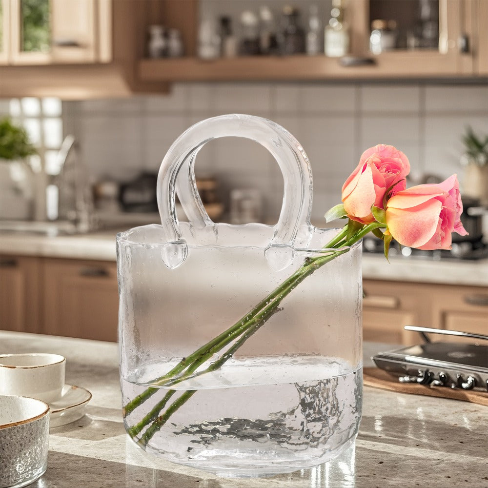 Glass Purse Vase for Flowers ¨C Handbag Shape Clear Decorative Flower Vase, Home Table Decor, Gift