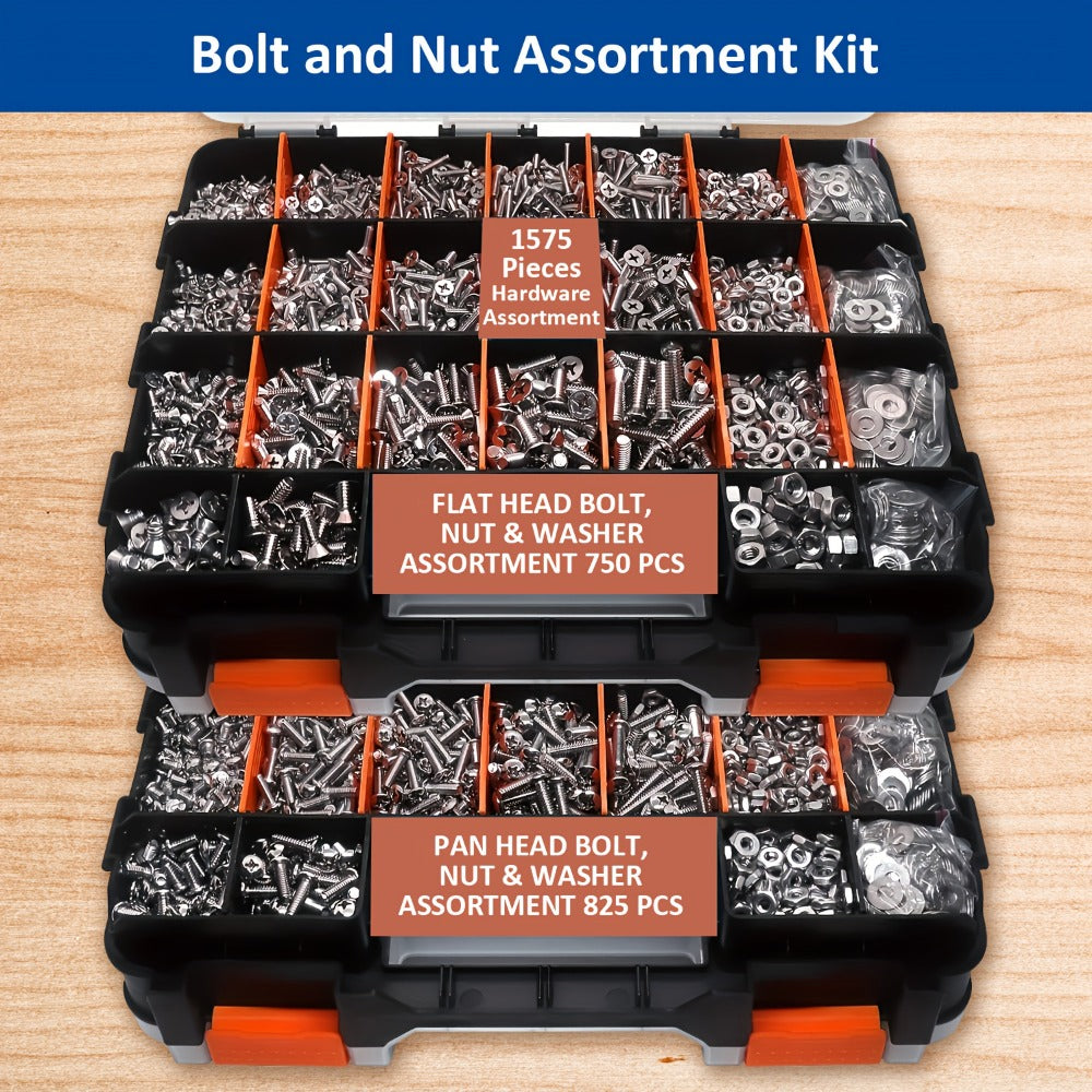 1575pcs 304 Stainless Steel Nuts and Bolts Assortment Kit ¨C Pan Head Flat Head Screws Nuts Washers with Double-Sided Storage Box for Home & Mechanical Repairs