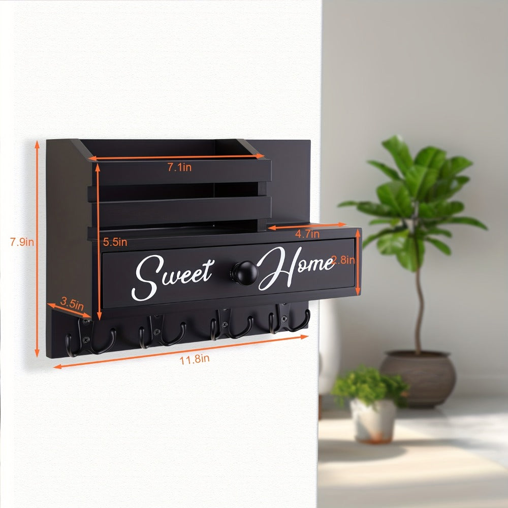 Key Holder for Wall with Drawer 8 Hooks ¨C Rustic Wood Wall Mounted Key & Mail Organizer for Entryway, Kitchen, Mudroom, Office, Adhesive & Paintable Hooks, Space Saving Entryway Decor Storage