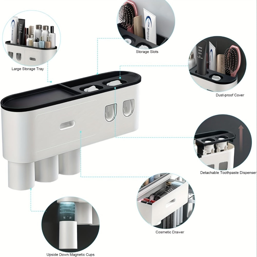 Wall Mounted Toothbrush Holder with Automatic Toothpaste Dispenser - 3 Cups Bathroom Organizer, Space-Saving Toothbrush Cup Holder for Family, Black & Gray