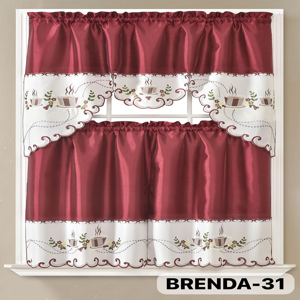 Kitchen Curtains 3 Piece Set Embroidered Satin Valance and Tiers - Rod Pocket Light Filtering Machine Washable 46 Colors Available All Season Home Decor