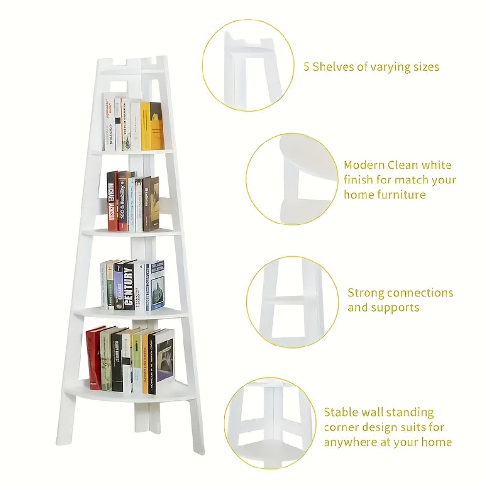 Corner Shelf 5-Tier Scandinavian Storage Cabinet ¨C Space-Saving Vertical Organizer with Baskets, Shelves & Drawer, Modern Plastic Corner Rack for Home, Study, Balcony & Bathroom (White)
