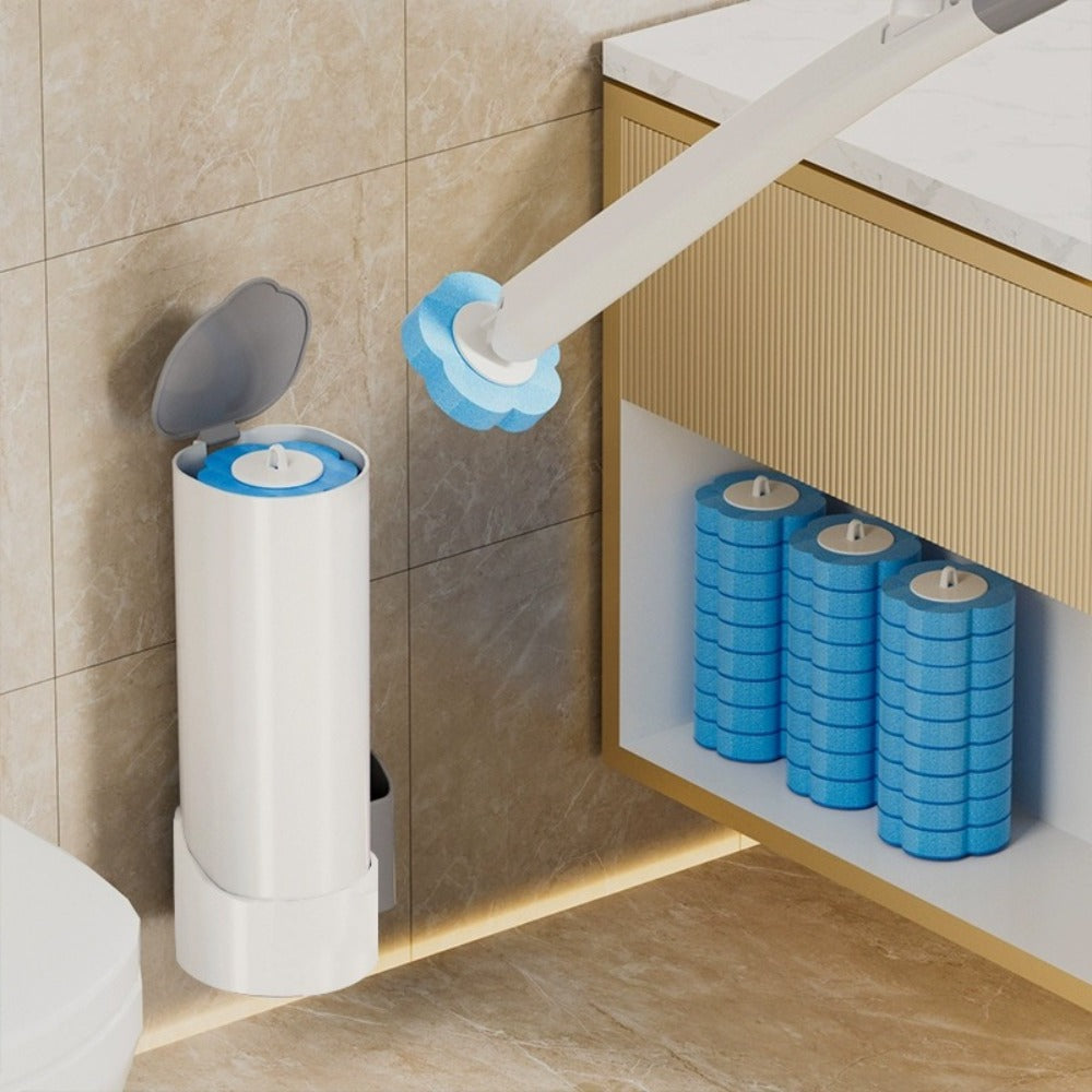 Disposable Toilet Brush Set with Replacement Brush Heads Wall Mounted or Floor Standing Bathroom Cleaning Brush Kit Hygienic No-Touch Design 19 25 31 37 49 Piece Set or Heads Only Options