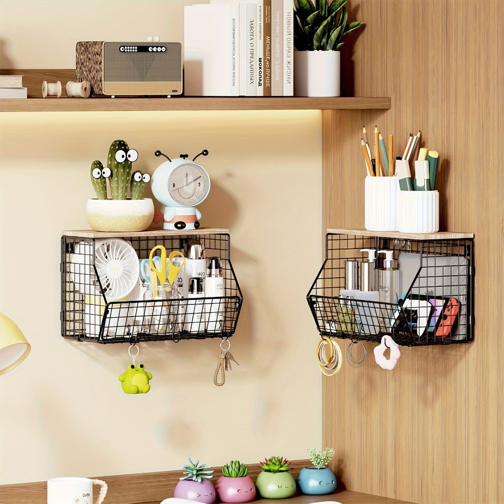 Stackable Metal Wire Fruit Basket with Lid ¨C 1 or 2-Tier Hanging Kitchen Pantry Storage Bin, Wall-Mounted or Countertop Vegetable Organizer for Potato, Onion & Produce, Black