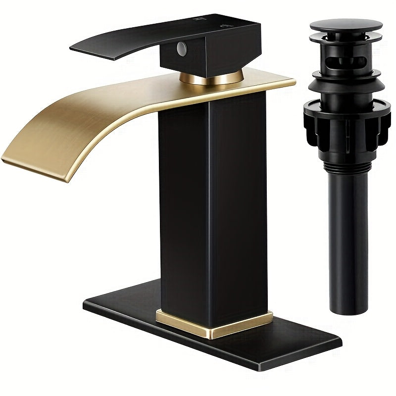 Waterfall Bathroom Faucet Single Handle - Modern Sink Faucet with Valve, Chrome & Matte Black & Brushed Nickel & Brushed Gold Finish, 1 or 3-Hole Deck Mount, G9/16 Threads, Water Supply Lines Included