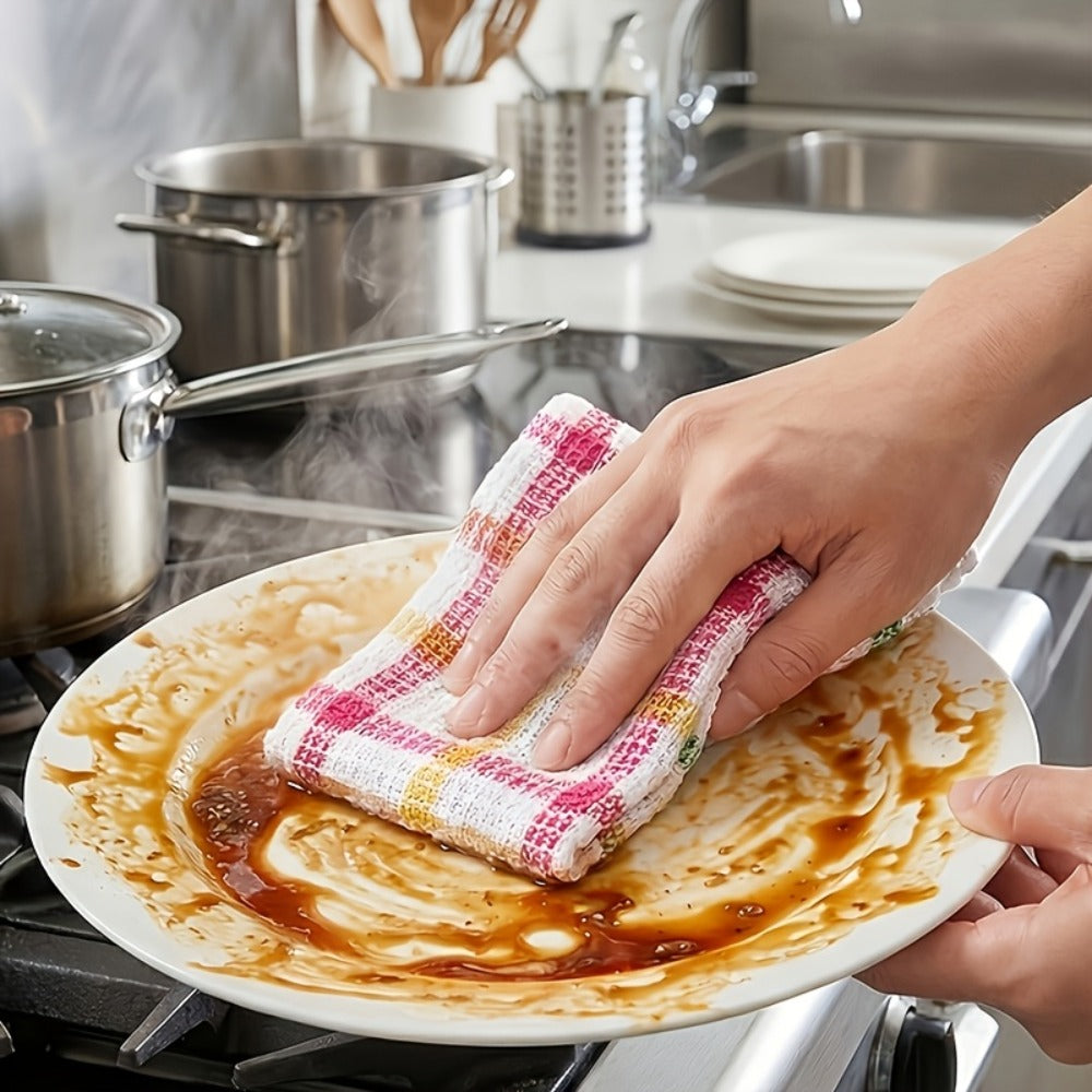 Kitchen Dish Cloths Set 12 Pcs ¨C Super Absorbent Waffle Weave Dishwashing & Scrubbing Towels, Christmas Holiday Plaid Pattern, Assorted Colors, 12x12 Inch Reusable Cleaning Cloths