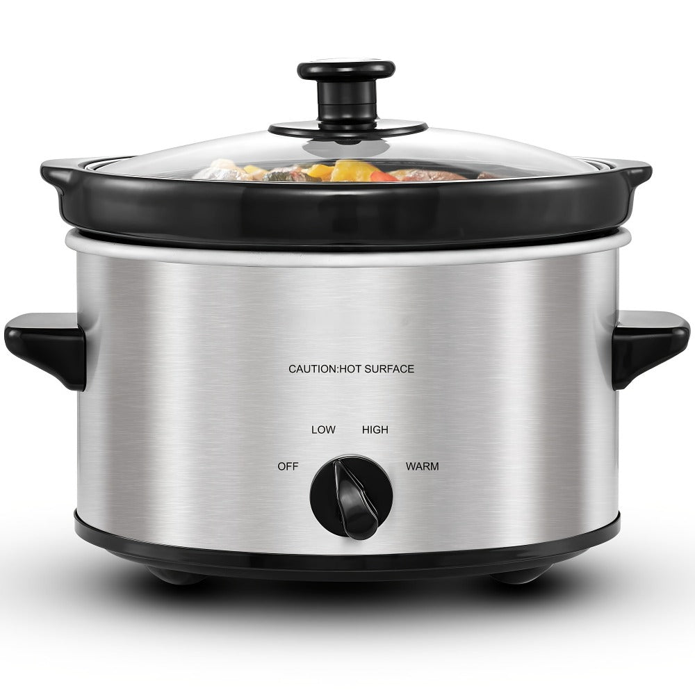 Mini Slow Cooker 1.5QT & 2.0QT with Adjustable Temperature Ceramic Crock & Dishwasher Safe Glass Lid ¨C Small Slow Cooker for Sauces Dips Soups Stews, Stainless Steel & Black