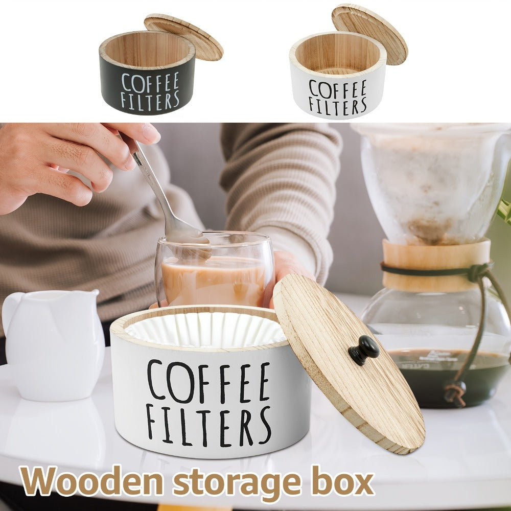 Wooden Coffee Filter Holder with Lid ¨C Large Capacity Rustic Round Organizer Dispenser for Coffee Filters & Tea Bags, Bamboo Lid, Kitchen Countertop Coffee Bar Decor