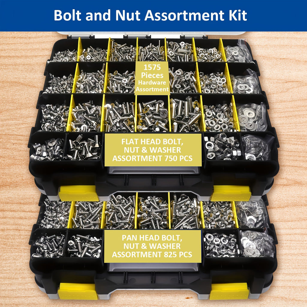 1575pcs 304 Stainless Steel Nuts and Bolts Assortment Kit ¨C Pan Head Flat Head Screws Nuts Washers with Double-Sided Storage Box for Home & Mechanical Repairs