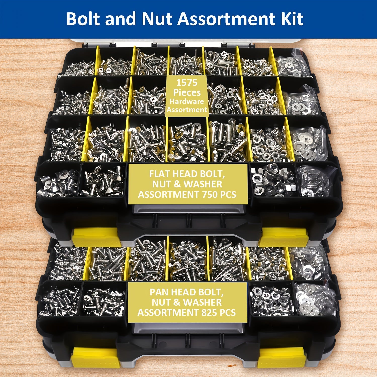 1575pcs 304 Stainless Steel Nuts and Bolts Assortment Kit ¨C Pan Head Flat Head Screws Nuts Washers with Double-Sided Storage Box for Home & Mechanical Repairs