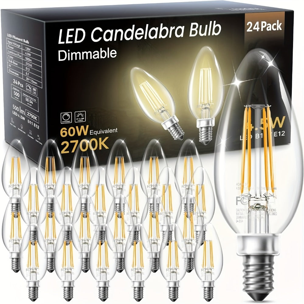 LED Candle Light Bulbs E12 Base B11 Dimmable 2700K Warm White 500 Lumens Clear Glass Vintage Filament Bulb for Chandelier Ceiling Fan Dining Room Living Room Bedroom Kitchen 12 Pack 24 Pack