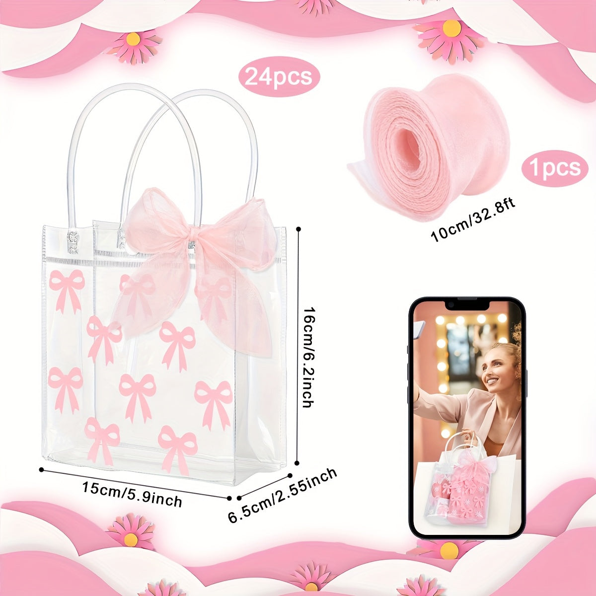 Clear PVC Gift Bags with Pink Bow & Ribbon 24-Pack Party Favor Tote Bags