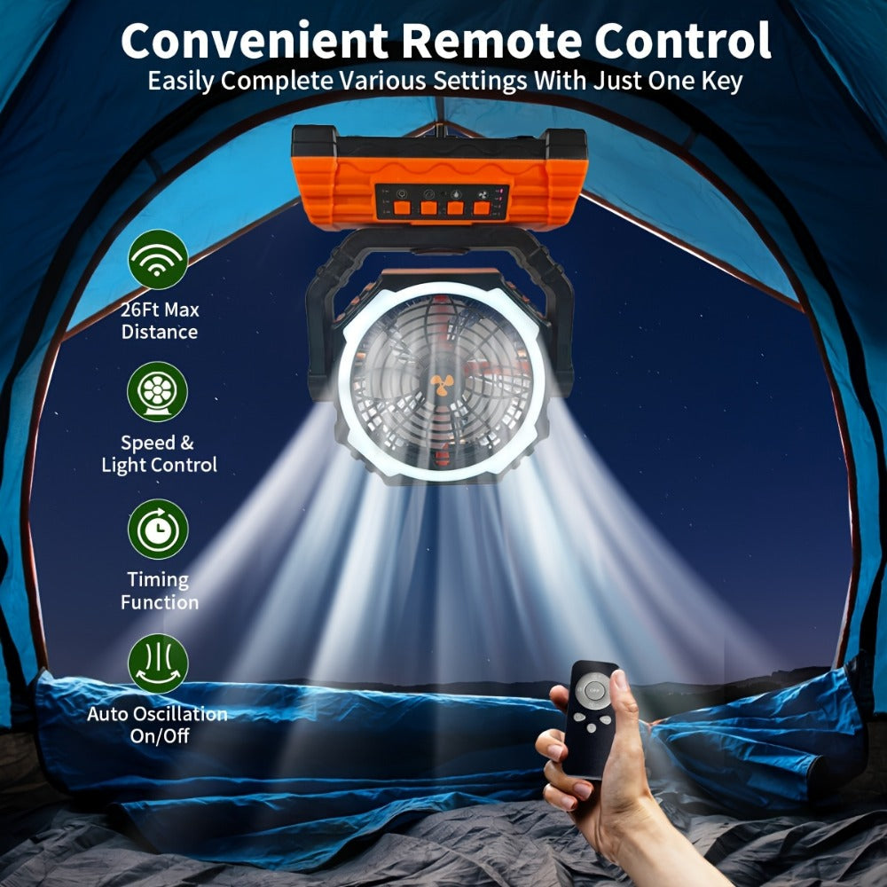 Camping Fan 20000mAh Battery Powered with 4 LED Lantern - Dual Motor 4-Speed Portable Outdoor Fan with Hook & Remote Control | Desktop Fan for Tent, Power Outage & Construction Site