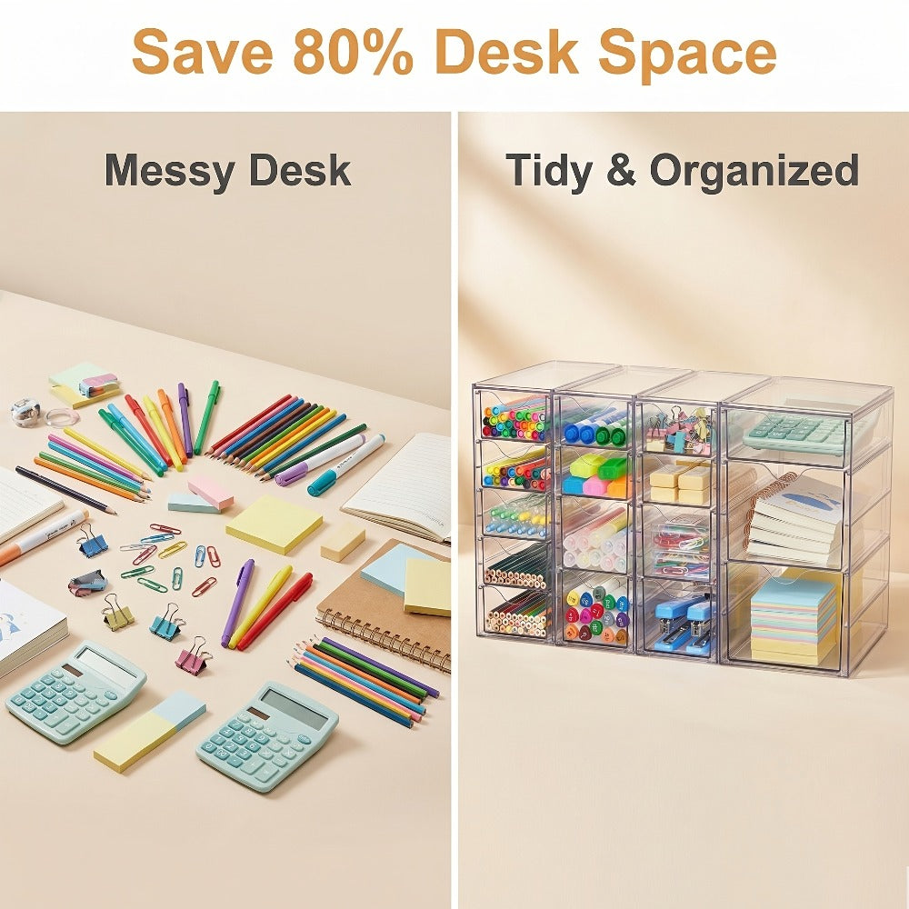 Clear Acrylic Drawer Organizer with 8 or 16 Drawers - Stackable Desktop Storage for Makeup, Jewelry, Office Supplies & Art Crafts, Modular Desk Organizer Set for Home & Office