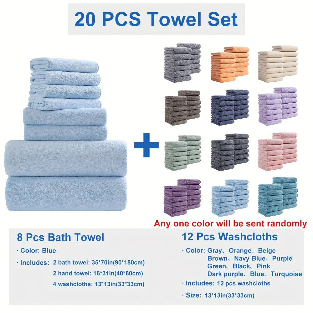 Bath Towel Set 20 Piece 100% Microfiber Absorbent Quick Dry Soft Extra Large Bath Sheets 8 Bath Towels 12 Washcloths Home Bathroom Spa Gift White Beige Gray Blue Green Purple
