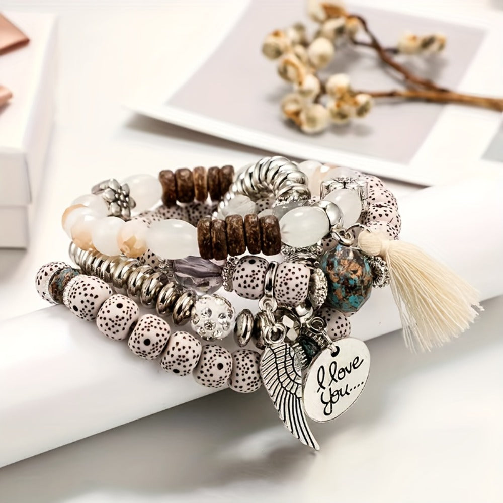 Bohemian Beaded Bracelet Set 24pcs ¨C Multi-Layer Wooden Bead Elastic Bracelets with Butterfly Elephant Tree Pendant, Handmade Colorful Tassel Wristbands for Women Men, Party Gift & Daily Wear