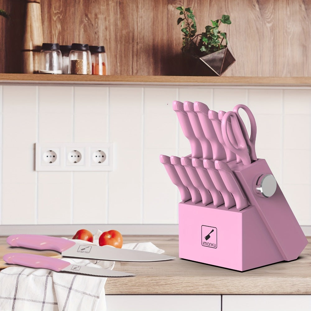 Knife Block Set 14 Piece Pink ¨C Japanese Stainless Steel Kitchen Knife Set with Built-in Sharpener, Non-Slip Ergonomic Handles, Dishwasher Safe, Perfect Holiday & Housewarming Gift for Women