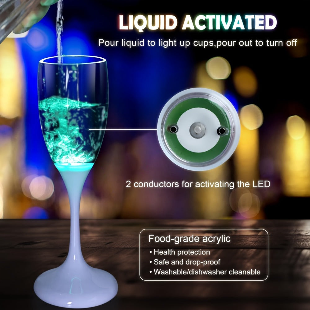 LED Light Up Champagne Flutes Set of 6 ¨C Glow in the Dark Colored Plastic Wine Glasses for Birthday Halloween Christmas Wedding Party Favors Adults