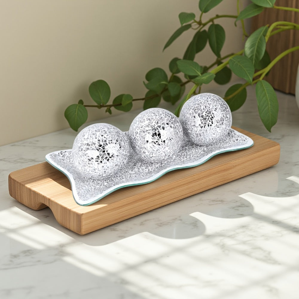 Decorative Glass Balls for Bowls 3 Inch Set of 3 with Glass Tray, Bowl Fillers Centerpiece Table Decorations for Home Decor Living Room Dining Coffee Table, Silver Black Gold Green