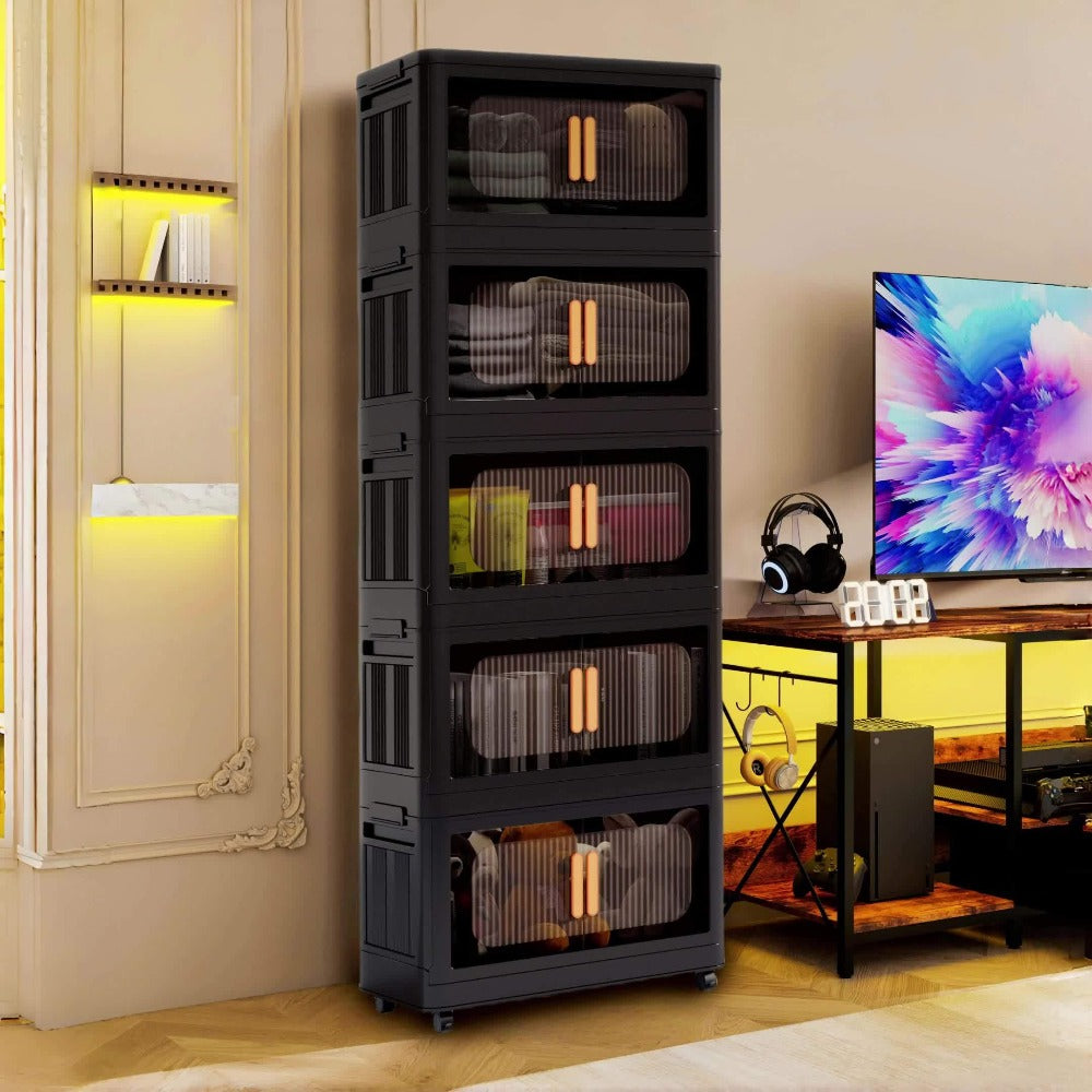 Rolling Storage Cart 4 5 Tier Double Door Collapsible Stackable Plastic Organizer with 360 Lockable Wheels Space Saving Bin for Dorm Office Closet Bedroom Garage Gym