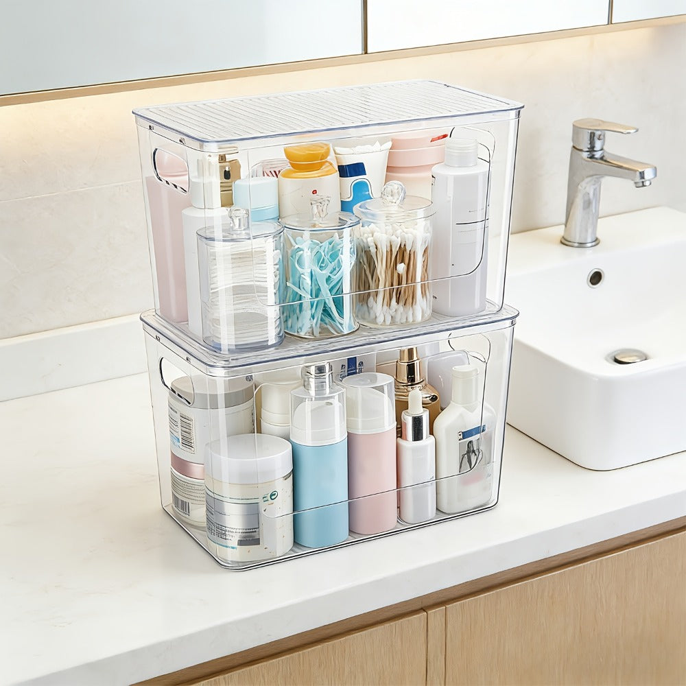 Trash Bag Dispenser 2 Pack ¨C Clear Stackable Garbage Bag Holder for 13/30/33 Gallon Bags, Under Sink Organizer, Locking Lid, Anti-Slip, Kitchen Pantry Laundry Room Cabinet Storage