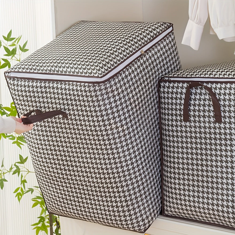 Large Storage Bags Houndstooth Non-Woven Fabric Organizer with Double Zipper & Handles ¨C 160L/180L Dustproof Foldable Storage Box for Bedroom, Closet, Moving, Travel & Dorm, 1pc or 3pcs Set