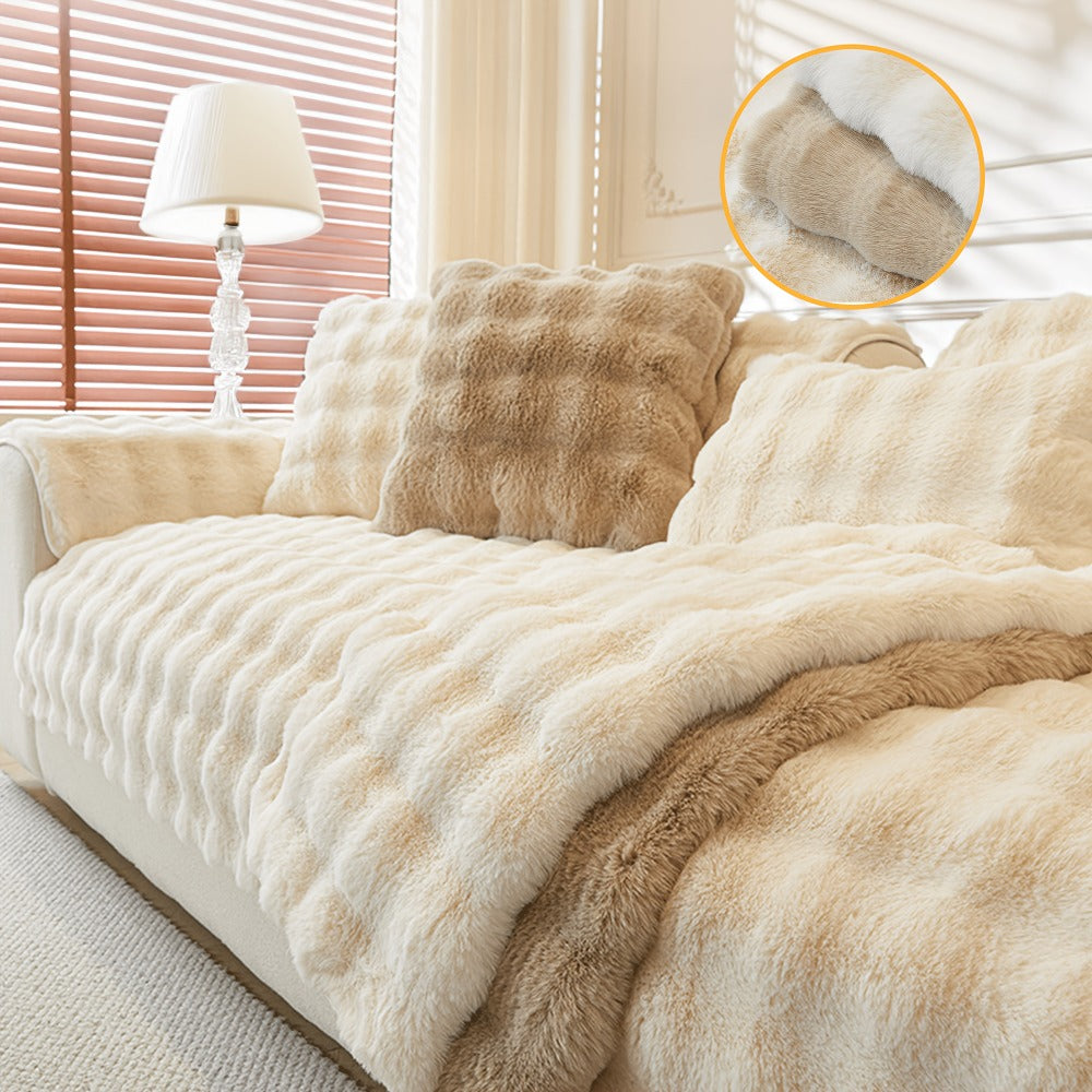 Bubble Soft Faux Rabbit Fur Sofa Cover - Non-Slip Silicone Backing Stretchable Slipcover Pet Friendly Machine Washable for Living Room Bedroom Dorm, 4 Colors Multiple Sizes