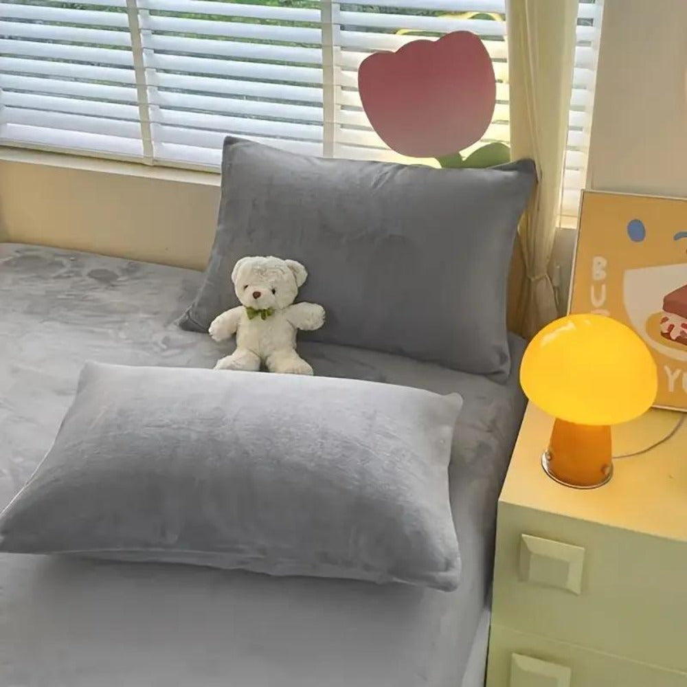 Double-Sided Velvet Sheet Set ¨C Soft Warm Milk Velvet & Suede Fitted Sheet with Pillowcases All Seasons Twin Full Queen King
