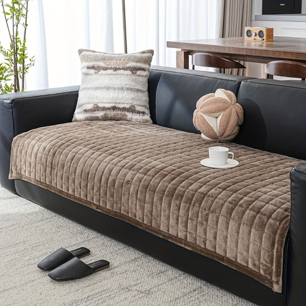 Sofa Cushion Cover Flannel Non-Slip Bohemian Style Soft Plush Couch Cover - Machine Washable Solid Color Slipcover for 2/3/4-Seater Sofa Living Room Bedroom Office, Coffee Gray White, Easy Care
