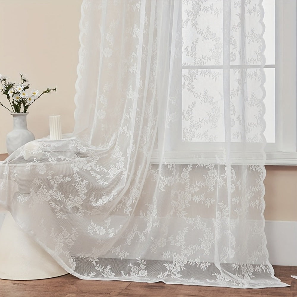 Sheer Lace Curtains 2 Panels Bohemian Floral Semi-Transparent Rod Pocket Window Curtains for Living Room Bedroom All Seasons