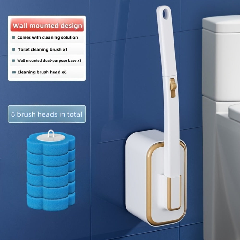 Wall-Mounted Toilet Brush Set with 8 Disposable Heads | No-Drill Easy Install, Long Handle Bathroom Cleaning Brush, Replaceable Brush Heads for Toilet Bowl, Home & Commercial Use, Plastic Medium Firmness