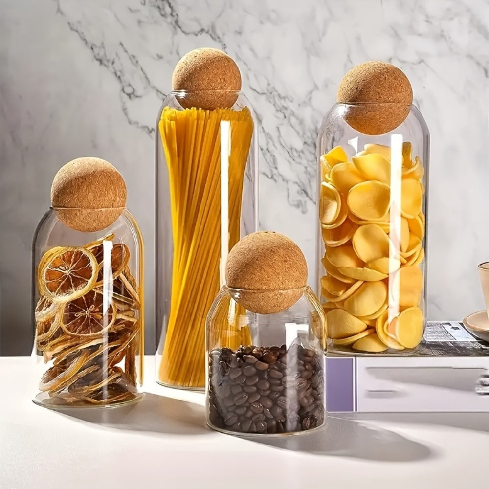 Glass Storage Jars with Cork Lid Set of 3 | 17oz 500ml Airtight Glass Containers with Spherical Cork Stopper | Kitchen Organizer for Tea Nuts Candy Spices Dried Flowers