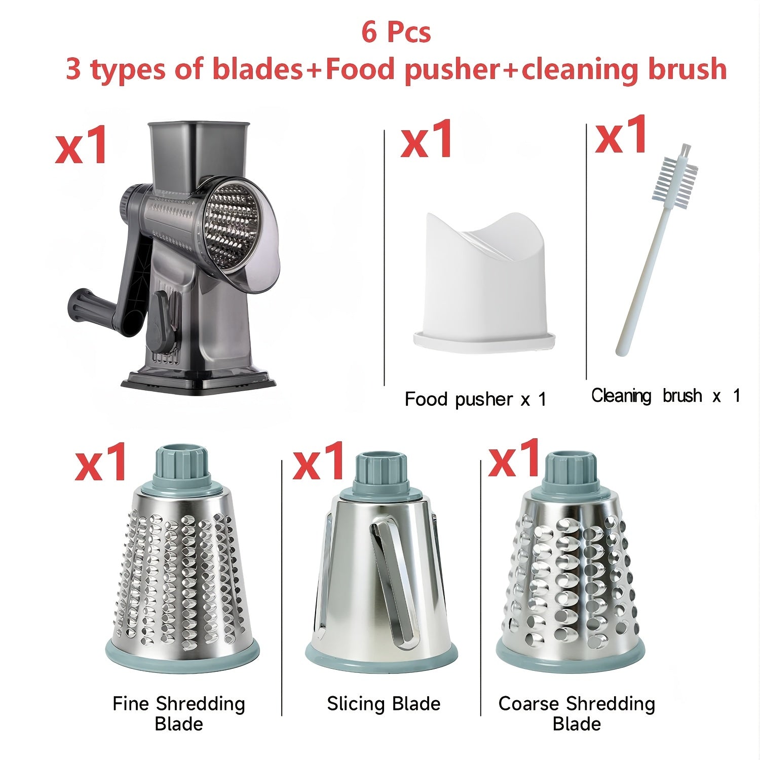 Rotary Vegetable Chopper Cheese Grater 5 Interchangeable Drum Blades Suction Base Ergonomic Handle for Cheese Vegetables Nuts Slicing Shredding