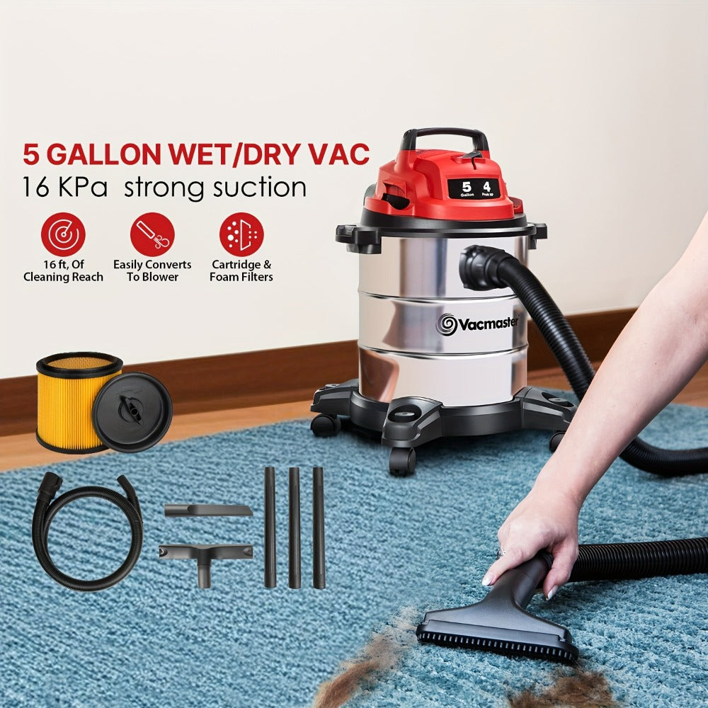 Wet Dry Vacuum Cleaner Shop Vac Stainless Steel 5 or 8 Gallon with Blower Function Powerful Suction for Garage Car Home Workshop and Pet Hair