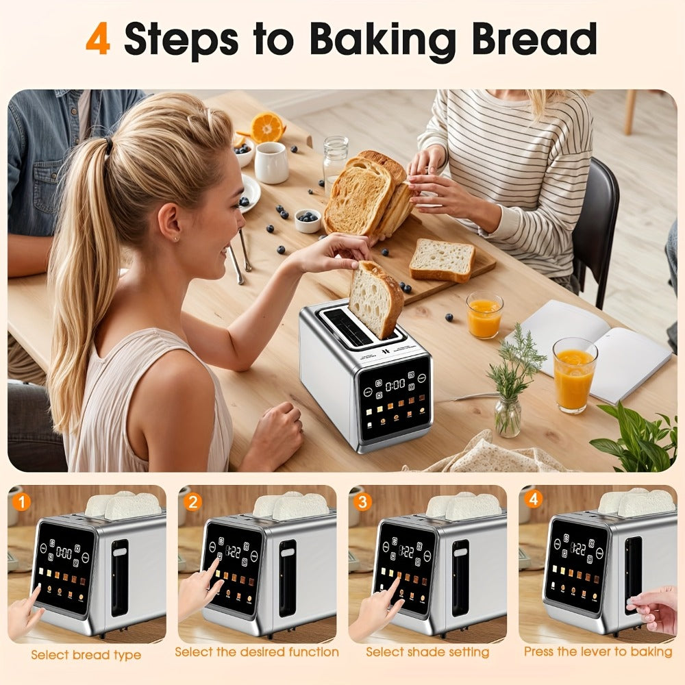 Smart Digital Toaster 2 Slice Touch Screen ¨C Stainless Steel with Memory Function, 5 Bread Types, 6 Shade Settings, 1.5-Inch Wide Slot, 900W Fast Toasting for Home Kitchen