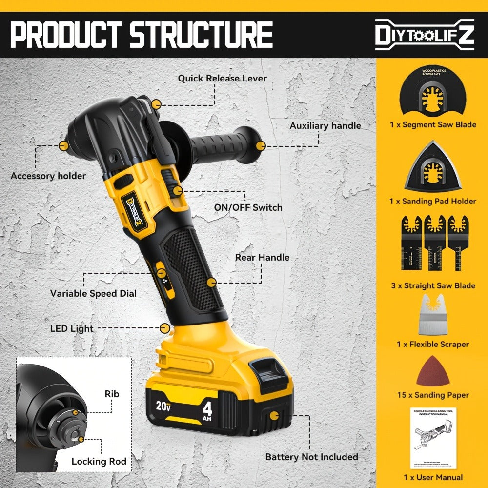 Oscillating Multi Tool Brushless Cordless Compatible with DeWalt 20V / 18V Battery ¨C 21000 OPM Variable Speed, 4.5¡ã Oscillating Angle, Anti-Vibration, Wood Cutting Blades & Sanding Pads (Battery Not Included)