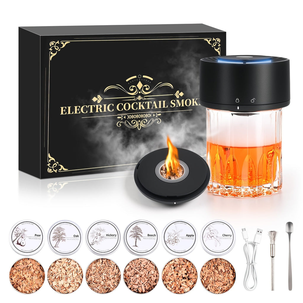 Cocktail Smoker Kit Rechargeable Electric, Whiskey Smoker Set with 6 Flavored Wood Chips, Old Fashioned Drink Smoker for Bourbon & Cocktails, Bartender Gift for Men, Dad & Christmas