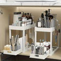 Under Sink Organizer 2pcs Double Tier Sliding Storage Basket with 8 Hooks ¨C Kitchen Bathroom Cabinet Rack Shelf