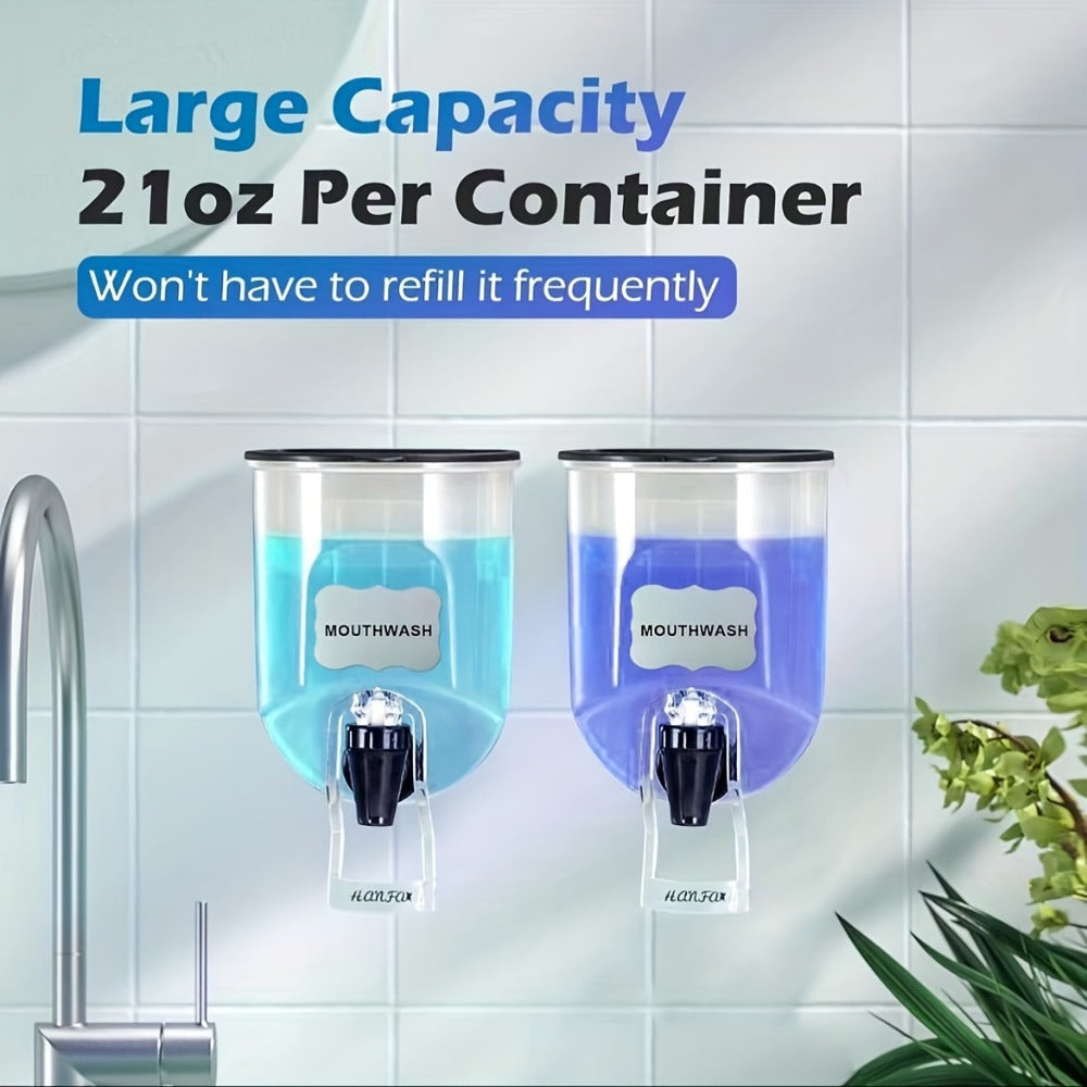 Mouthwash Dispenser Wall Mounted 2-Pack 21 oz Plastic Container - No Electricity Required, Space Saving Bathroom Organizer for Countertop Storage, Durable Refillable Liquid Soap & Rinse Dispenser