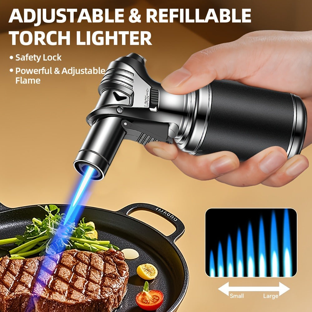 Big Tank Kitchen Butane Torch Lighter Adjustable Flame & Safety Lock - Refillable Blow Torch with Refill Adapters for Creme Brulee, BBQ, Desserts & Baking | Butane Not Included