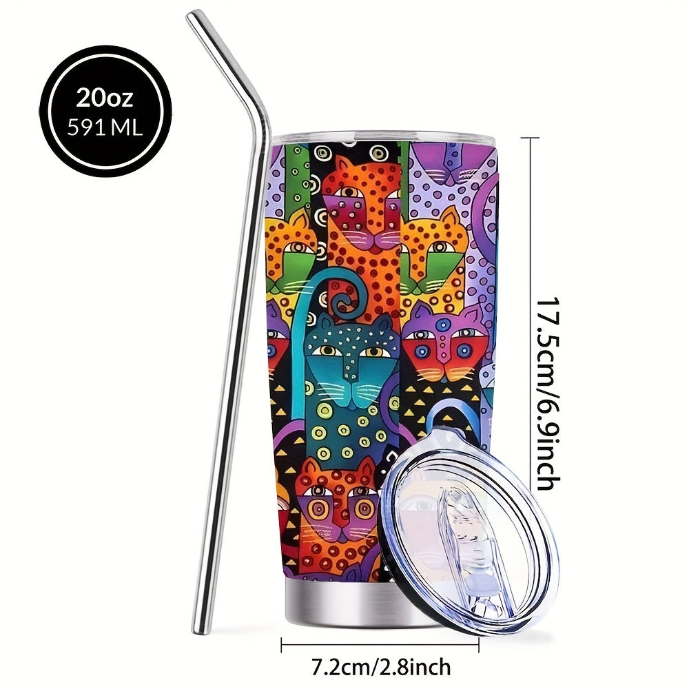 Cat Tumbler 20oz Abstract Cat Graphic Stainless Steel Insulated Cup with Lid & Straw Travel Coffee Mug Hot Cold Drinks Gift for Cat Lovers Birthday Mother's Day