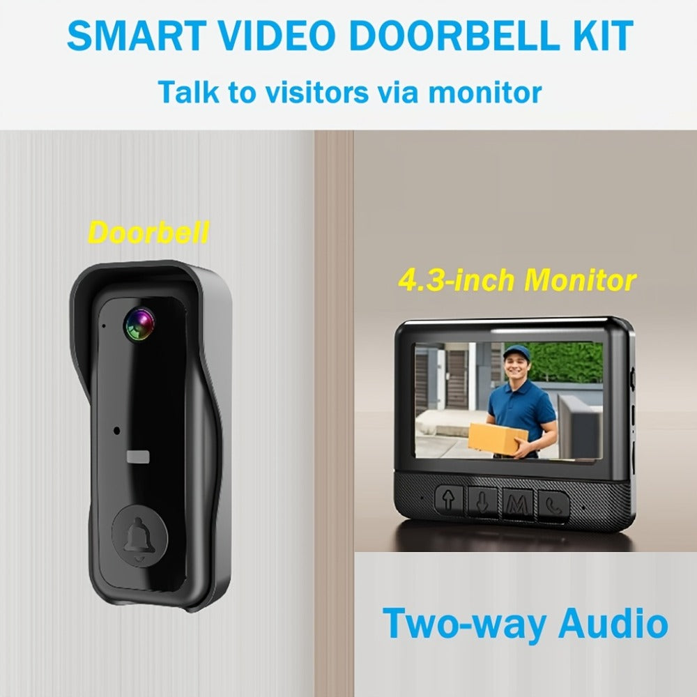 WiFi Video Doorbell with 4.3 Inch Indoor Monitor | Waterproof Night Vision Two-Way Audio Rechargeable Battery | Auto Photo Video Recording Senior Friendly Real-Time Monitoring