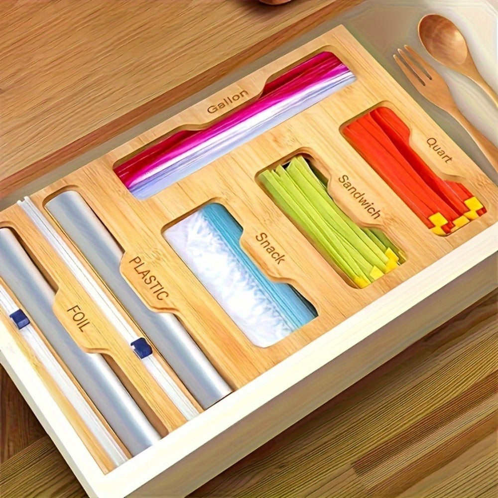 Bamboo Ziplock Bag Organizer Box for Kitchen Drawer - Adjustable Dividers, Compatible with Gallon Quart Sandwich Snack Bags, Space-Saving Fresh-Keeping Storage, Easy to Clean, Durable