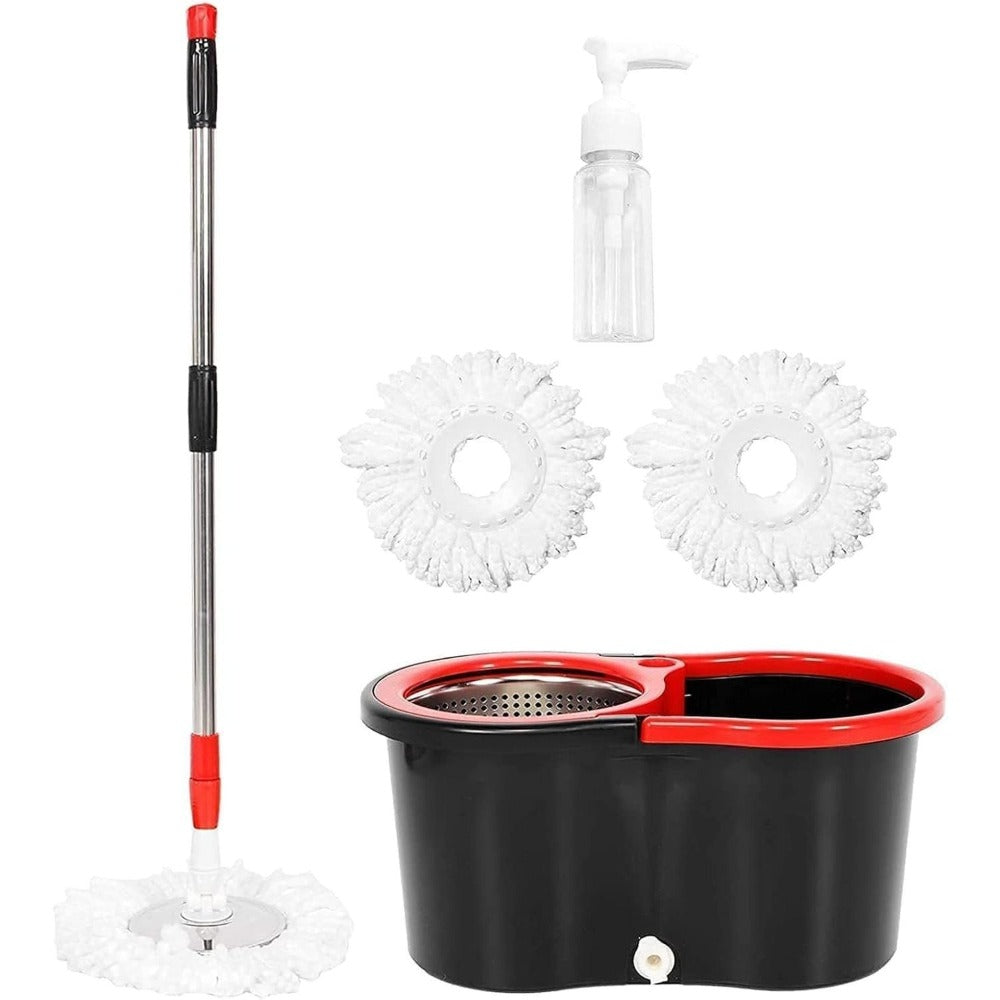 360 Spin Mop and Bucket Set with Wringer - Stainless Steel Extended Handle Spinning Mop Bucket System with Microfiber Mop Refills for Hardwood, Tile & Laminate Floor Cleaning, Black Blue Pink Red