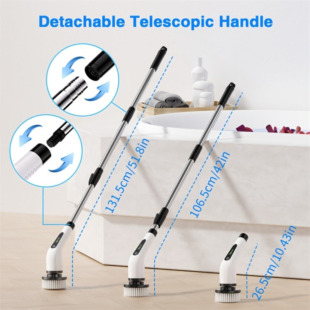 Electric Spin Scrubber Cordless, 7-in-1 Cleaning Brush with 7 Replaceable Heads, Dual Speed Adjustable, USB Rechargeable, Detachable Telescopic Handle for Bathroom Tile Kitchen Tub Floor Living Room