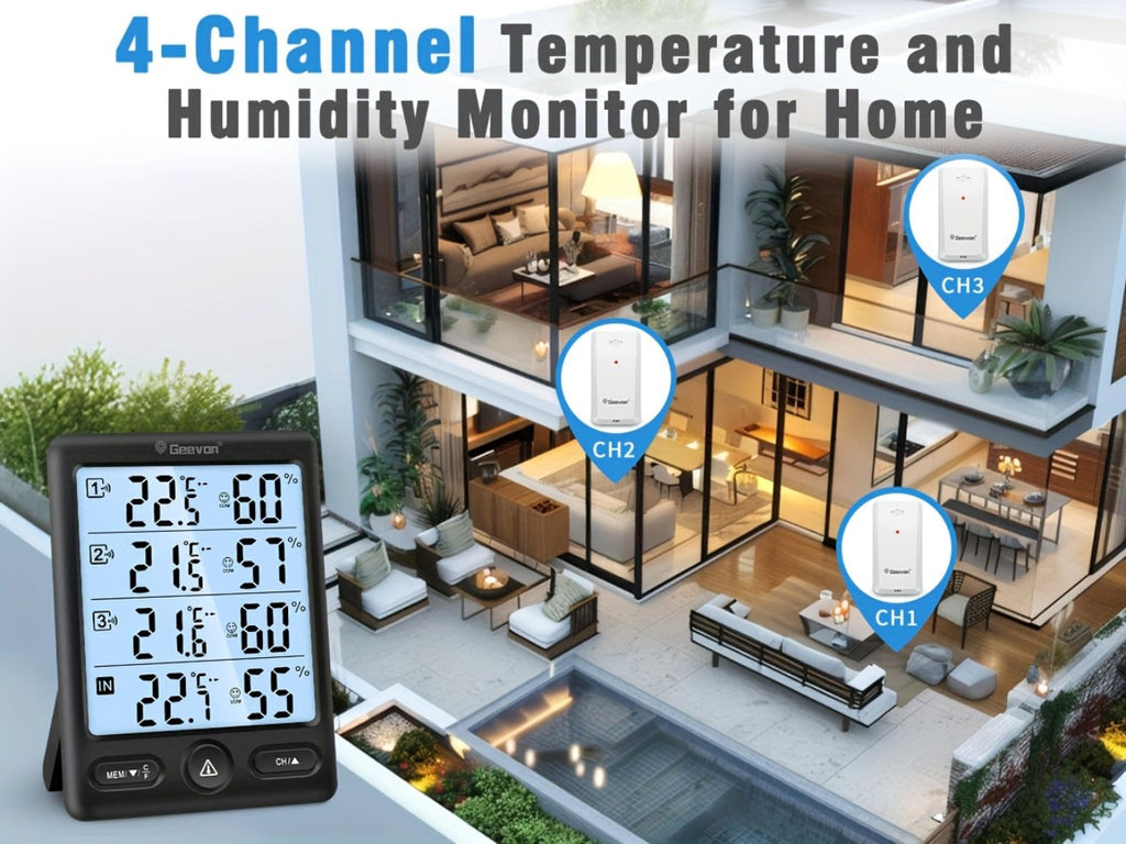 Indoor Outdoor Thermometer Wireless with 3 Remote Sensors - Digital Hygrometer Temperature Humidity Monitor, 200FT Range, Large Display, Backlight, Low Battery Alarm, High Accuracy, Black or White