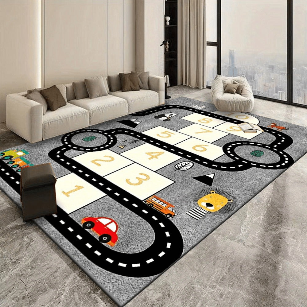 Kids Play Rug 4x6ft Race Track & Hopscotch Game | Washable Children Carpet | Colorful Train Design | Playroom Classroom Bedroom Rug | Digital Print Kids Area Rug 120x180cm