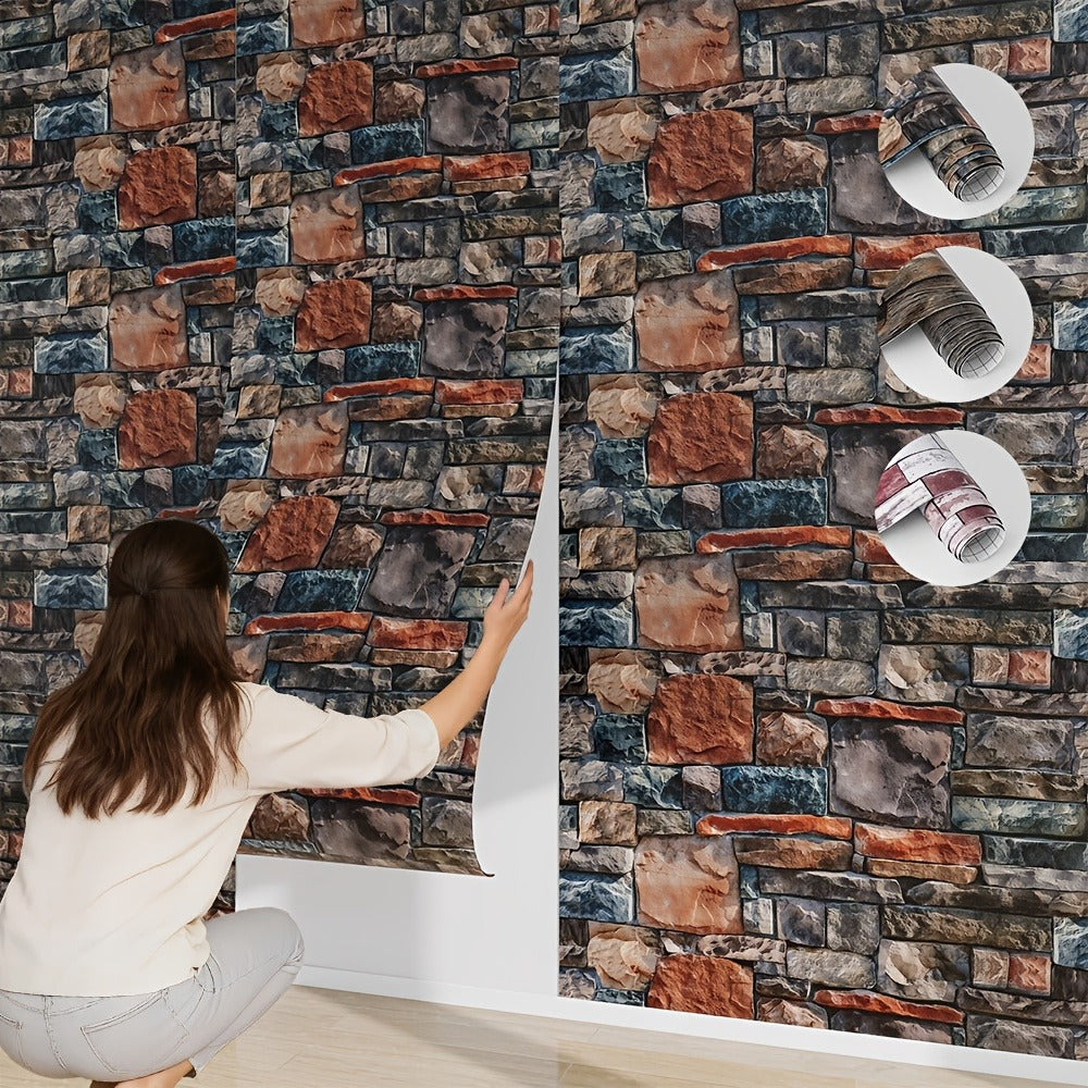 3D Brick Foam Wallpaper Self Adhesive Peel and Stick Wall Panels Waterproof PVC Rustic Brick Pattern Home Bathroom Kitchen Wall Decor Blue Brown Red 17.5in Wide
