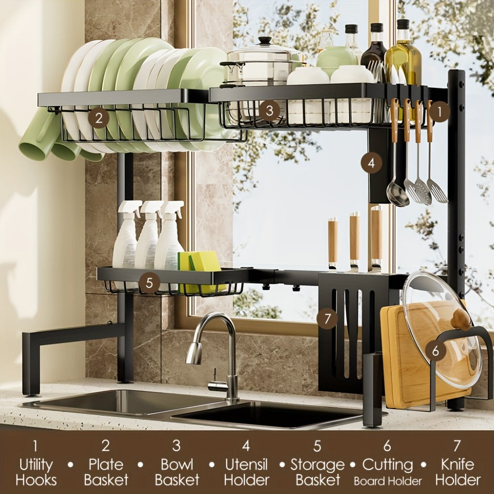 Over-the-Sink Dish Drying Rack Expandable 2-Tier 304 Stainless Steel Adjustable 30-34 Inch with Utensil Holder Knife Holder Cutting Board Holder and 5 Hooks for Kitchen