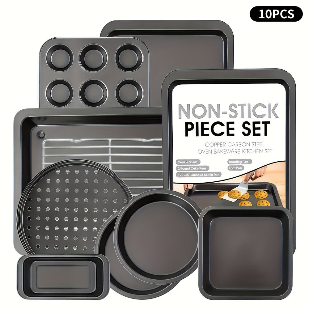 Nonstick Bakeware Set 5 6 or 10pcs with Cooling Rack Round Cake Pan Square Cake Pan Bread Pan Muffin Pan Roasting Pan Dishwasher Safe Oven Safe Easy to Clean